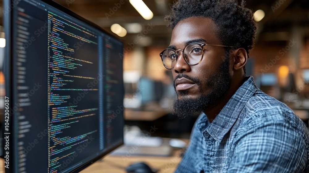 Poster a young man intensely works on coding at his computer in a contemporary office environment, showcasi