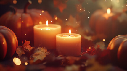 Flickering candlelight and pumpkins in an autumnal setting for fall decor and seasonal themes