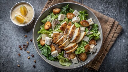 A delicious chicken caesar salad served with creamy dressing on a rustic wooden table, perfect for a light lunch or dinner