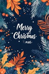 Festive Merry Christmas design with vibrant foliage and berries on a dark background, perfect for holiday celebrations