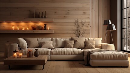 Fototapeta premium Beige corner sofa with wood-panel wall adds texture and warmth to minimalist living room decor.