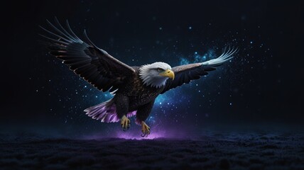 A majestic bald eagle soars through a dark sky with a glowing purple aura surrounding it.