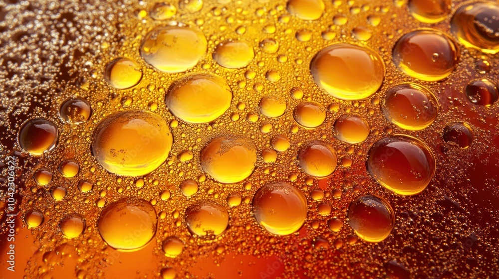 Poster close-up view reveals golden bubbles forming on the surface of a refreshing beverage, creating a con
