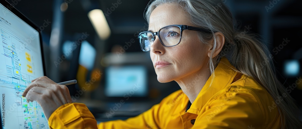 Poster focused professional working at computer in modern office, analyzing data on screen with determinati