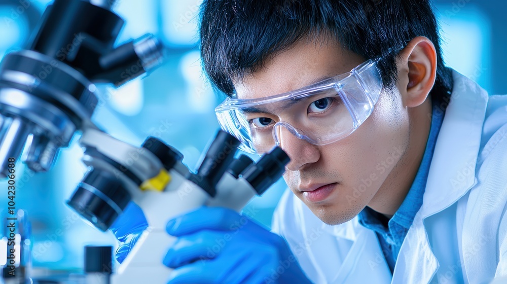 Poster focused scientist analyzing samples under a microscope in a modern lab.