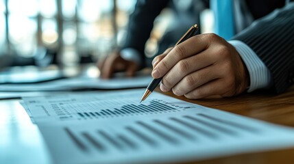 The individual is focused on reviewing detailed financial graphs and charts printed on a report, demonstrating analytical skills in a professional office environment