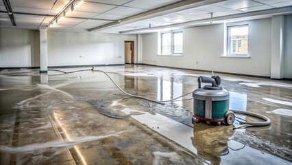 Damaged floor with water extraction equipment in forced perspective