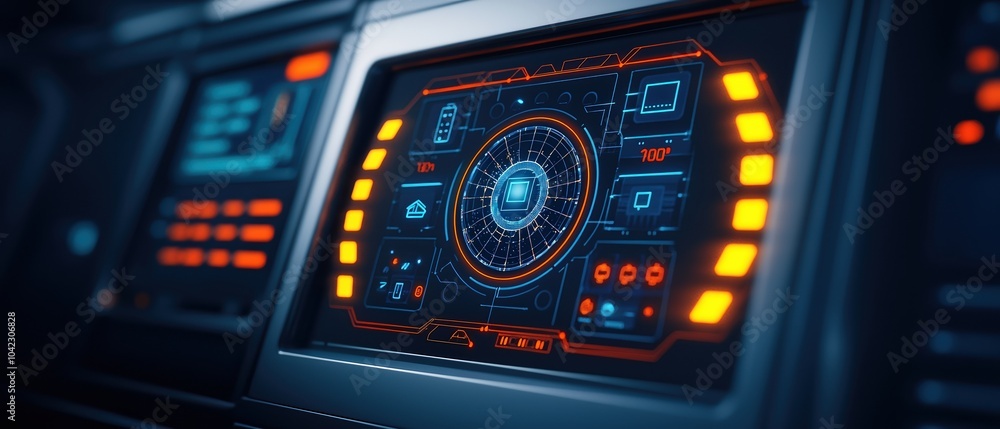 Poster futuristic control panel interface with glowing elements and digital displays on a dark background.