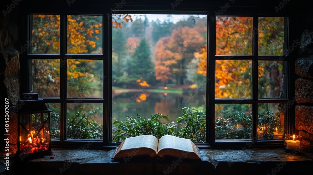 Poster a serene view from a rustic window reveals colorful autumn leaves surrounding a tranquil lake. an op