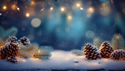 Christmas background with lights and pine cones