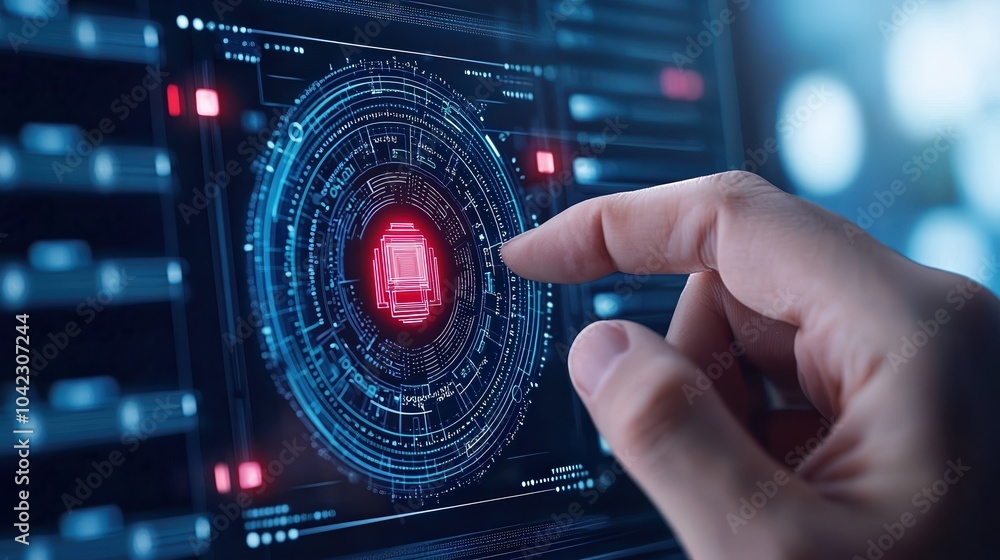 Poster futuristic hand interacting with digital interface displaying a microchip technology design.