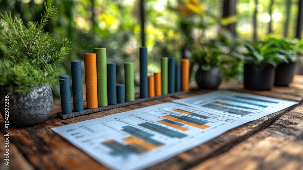 Poster colorful bar graphs and detailed reports are arranged on a rustic wooden table, showcasing data anal