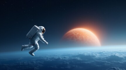 Astronaut floating in space near the Earth with a distant moon and sun on the horizon during a cosmic exploration