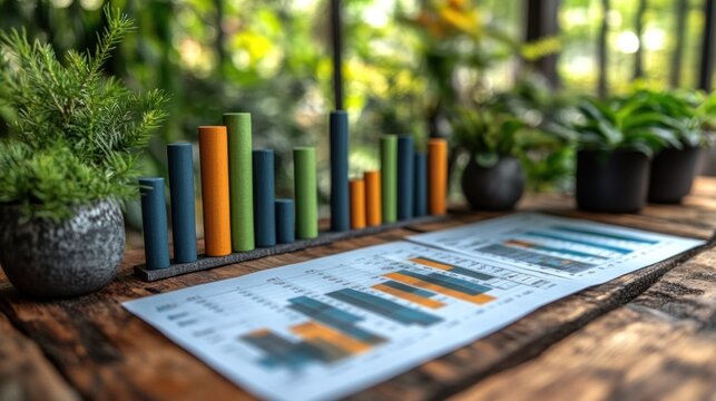 Colorful bar graphs and detailed reports are arranged on a rustic wooden table, showcasing data analysis while surrounded by lush greenery in a well-lit environment