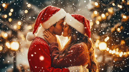 Couple in Santa costumes sharing a kiss during a snowy winter night with festive lights glowing in the background