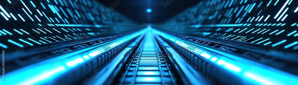 Poster futuristic railway track illuminated by blue light, creating a dynamic and immersive perspective.