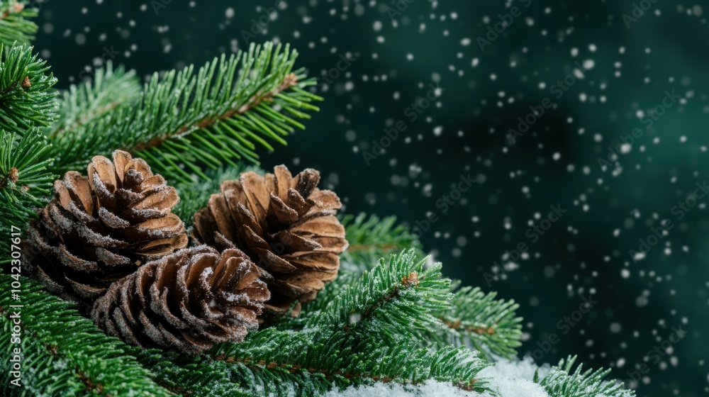 Poster pine cones covered in frost sit atop fresh evergreen branches while soft snowflakes fall gently in a