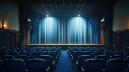 3D scene visual with blue curtains highlighted by spotlight in empty theater