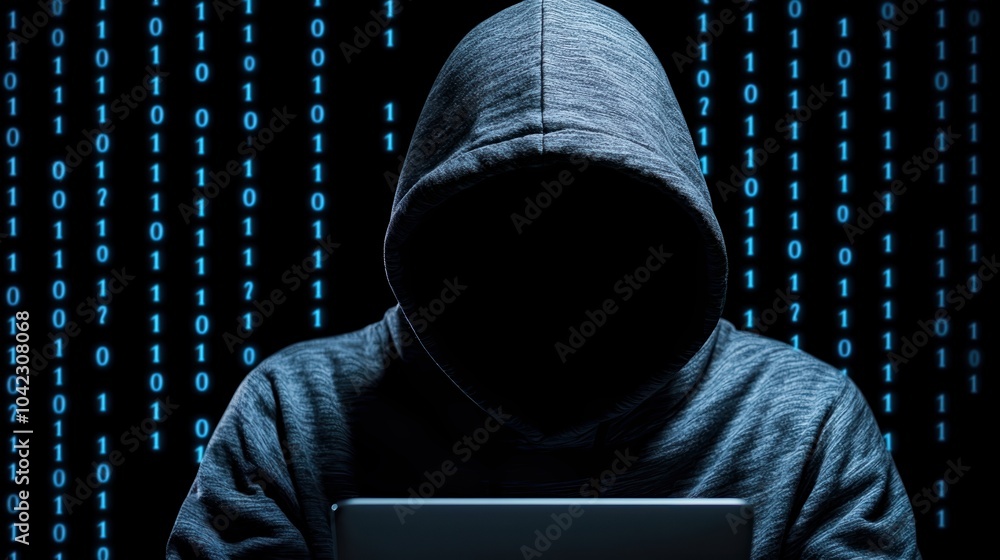 Poster hacker with laptop in dark hoodie surrounded by binary code on black background.
