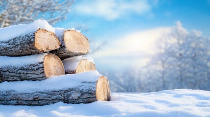 Freshly cut logs rest on a blanket of snow, creating a picturesque scene. The tranquil winter landscape features soft blue skies and frosted trees in the background, enhancing the natural beauty