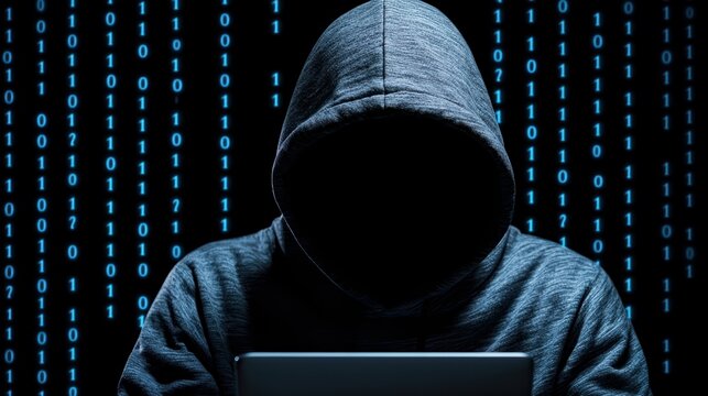 Hacker with laptop in dark hoodie surrounded by binary code on black background.