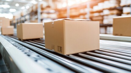 Cardboard boxes on conveyor belt in warehouse setting