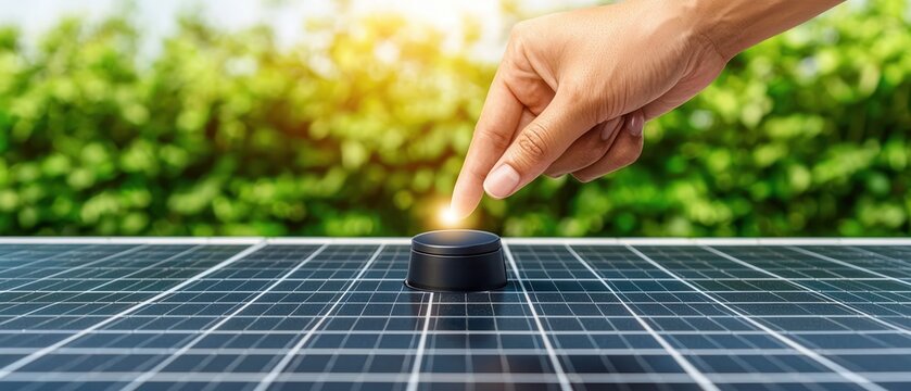 Hand pressing a solar panel switch, green background, symbolizing renewable energy and sustainable living.