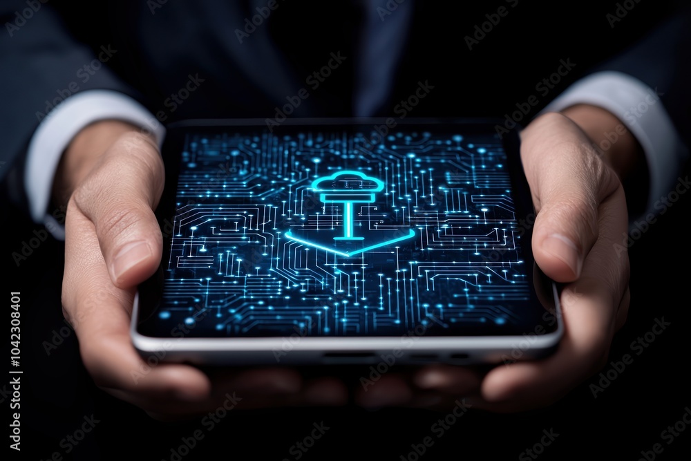 Poster hands holding a tablet displaying a digital download symbol on a circuit background.