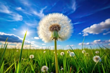 Dandelion flower on a meadow with green grass and blue sky extreme close-up