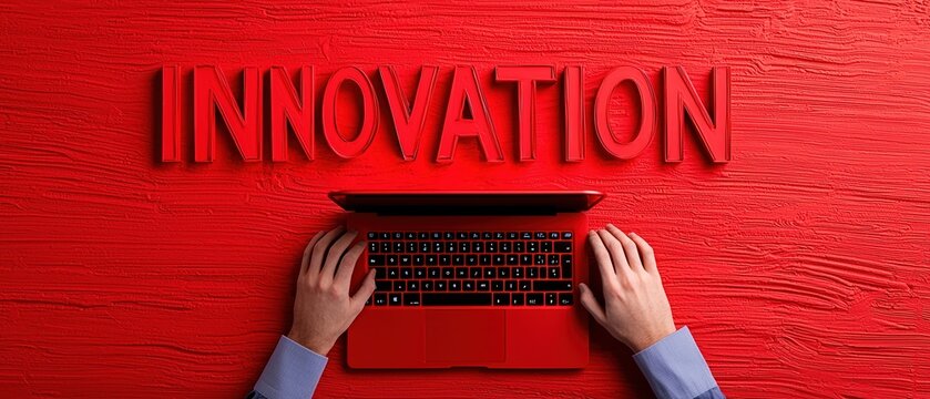 Hands typing on a laptop with the word innovation on a bold red background.