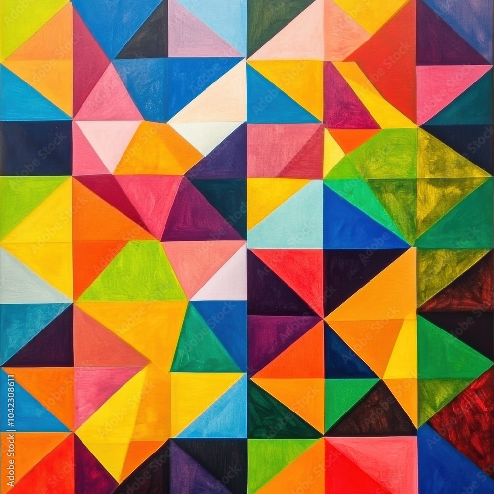 Poster This artwork showcases an arrangement of colorful triangular shapes, creating a dynamic and engaging geometric abstraction. Generative AI