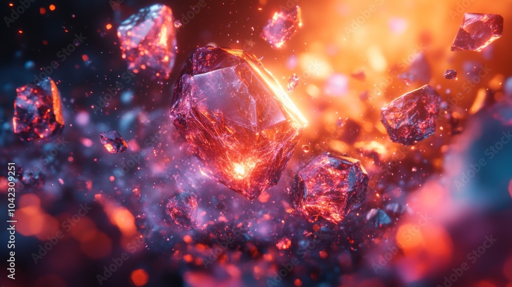 Aufkleber Colorful crystals are exploding in a cosmic environment during twilight. The vivid orange and purple hues create an intense and mesmerizing effect that captures attention.