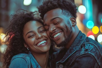 A happy couple embraces while smiling brightly against the vibrant city nightlife, showcasing joy and connection.