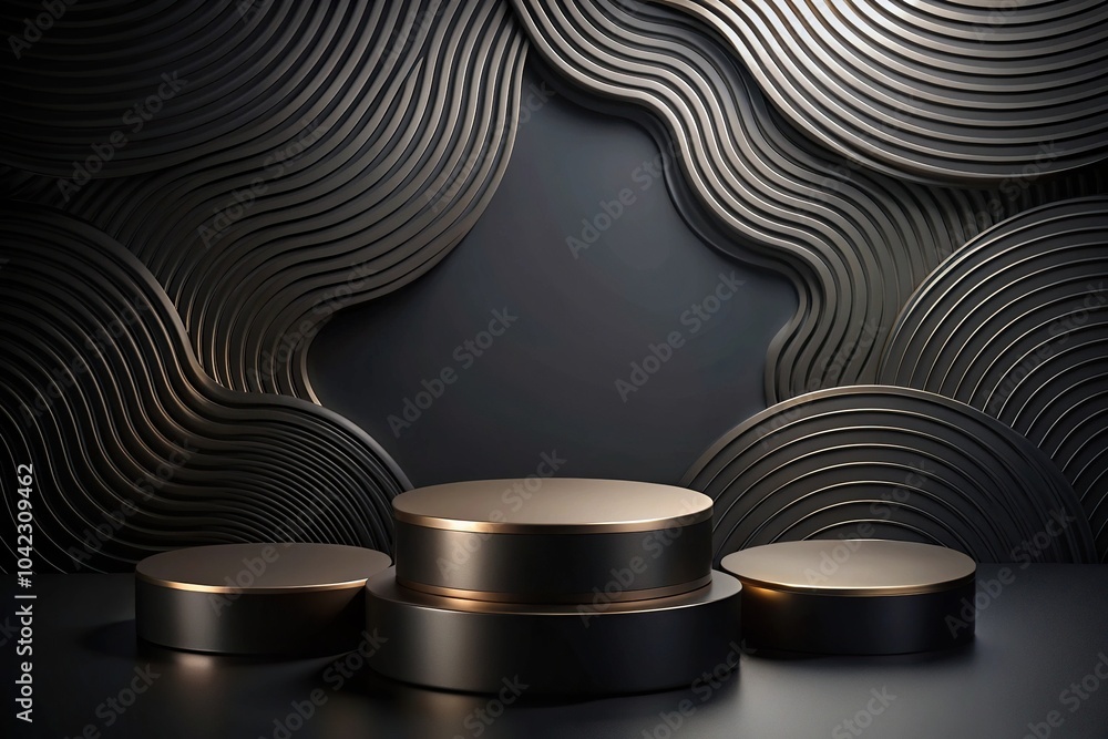 Poster dark abstract background with three round podiums and wavy patterns point of view