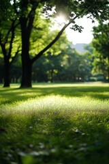 A sunbeam illuminates a lush green grassy path in a tranquil park, highlighting vibrant greenery and peace on a sunny day.