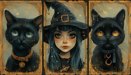 Antique Halloween Postcards, a series of illustrations inspired by old Halloween postcards from the early 1900s, black cats,
