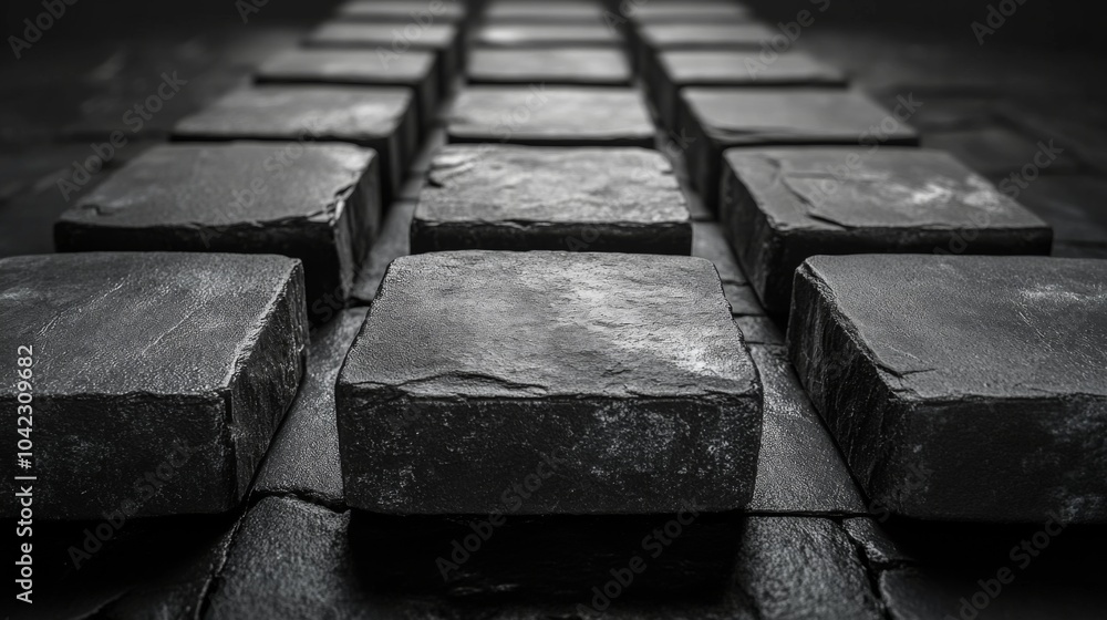 Poster Smooth, dark paving stones are neatly aligned in a grid formation on a shadowy surface, creating a striking visual contrast with the low lighting surrounding them.