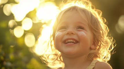 Fototapeta premium Joyful child in nature with sunlit background for lifestyle imagery