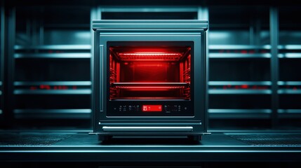 Obraz premium Modern oven with red interior lights on a sleek counter, showcasing innovative kitchen design.