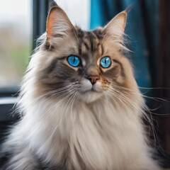 Long-haired cat with blue eyes.