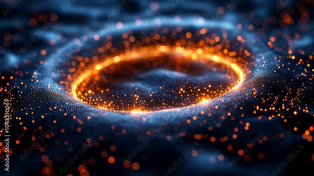 Aufkleber A vibrant circular formation of glowing particles is set against a dark backdrop, creating an ethereal effect in digital art. The scene captures a mesmerizing blend of light and texture.