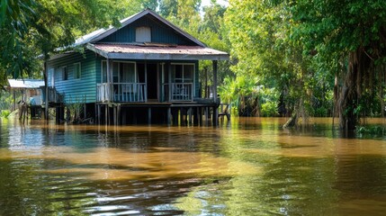 Obraz premium Natural disaster house flood water weather impact storm environment emergency safety damage response community crisis