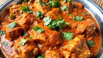 Fototapeta premium Savoring a bowl of flavorful chicken tikka masala garnished with fresh cilantro at a cozy dining setting