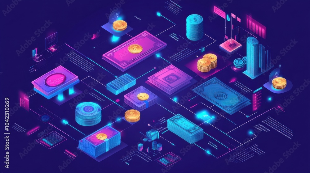 Poster isometric design visual showing cash flow and circulation in infographic style