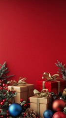 Christmas gifts on red background with copy space vertically 9:16