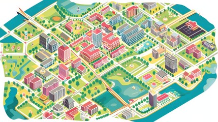 Isometric map of the city, flat design, bright colors