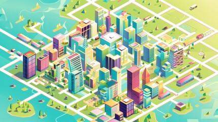 Isometric map of the city, flat design, bright colors