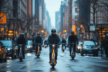 Obraz premium Cyclists navigating a busy city street during a rainy evening in downtown urban center