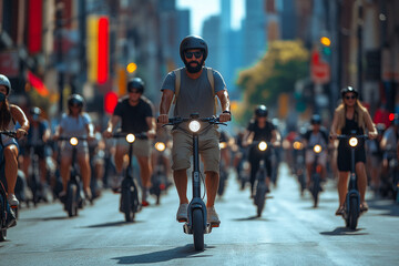 Obraz premium Crowd of riders on electric scooters navigating through a bustling city street during a sunny afternoon