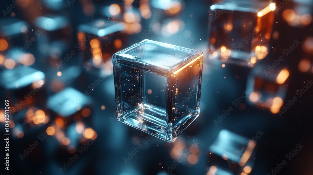 Fototapete Transparent cubes float gently in a dark space, illuminated by warm, glowing light. The interplay of light and shadows creates an ethereal atmosphere.